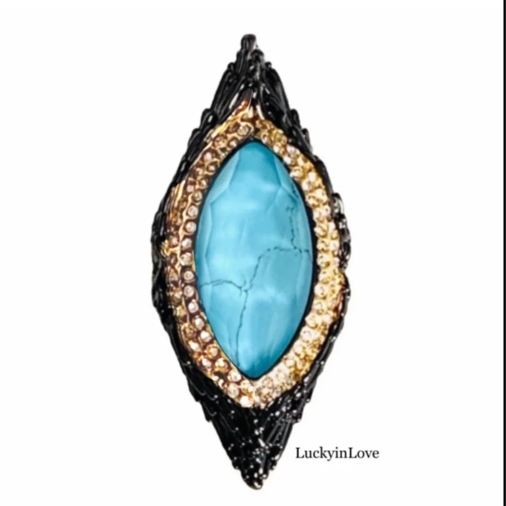 ALEXIS BITTAR Black Gunmetal Gold Doublet Turquoise Stone Maldivian Feather Ring